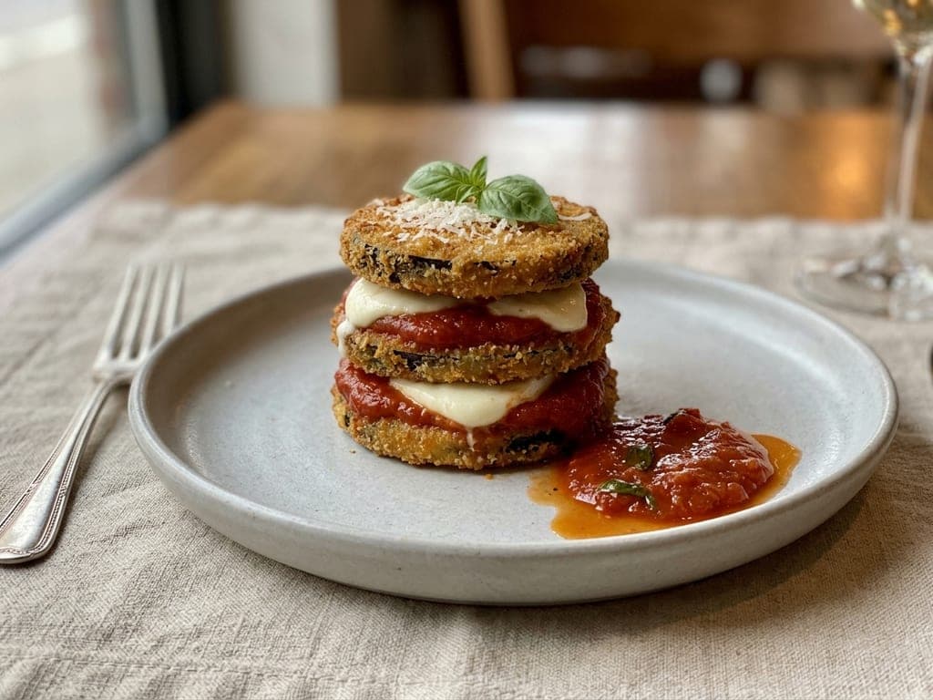 Eggplant Parmesan — The Neapolitan stack: tiepida on a coupe