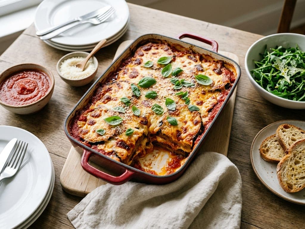 Eggplant Parmesan — Family style: the whole dish at the table