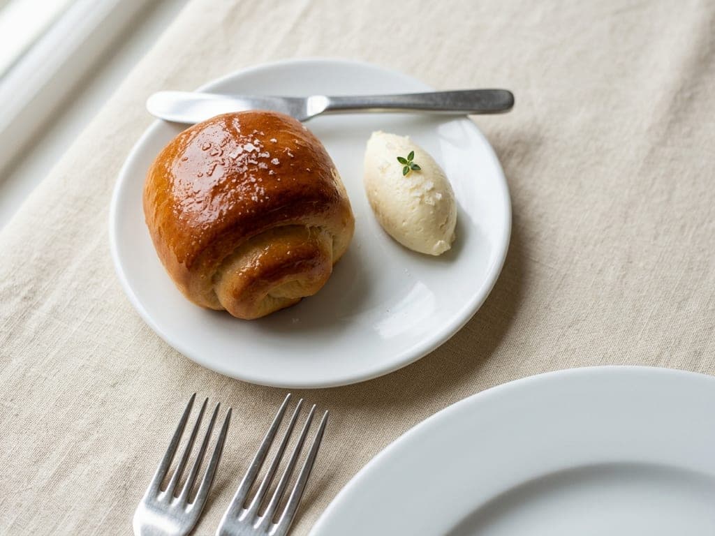 Dinner Rolls — Restaurant bread service: one roll, a quenelle of honey butter