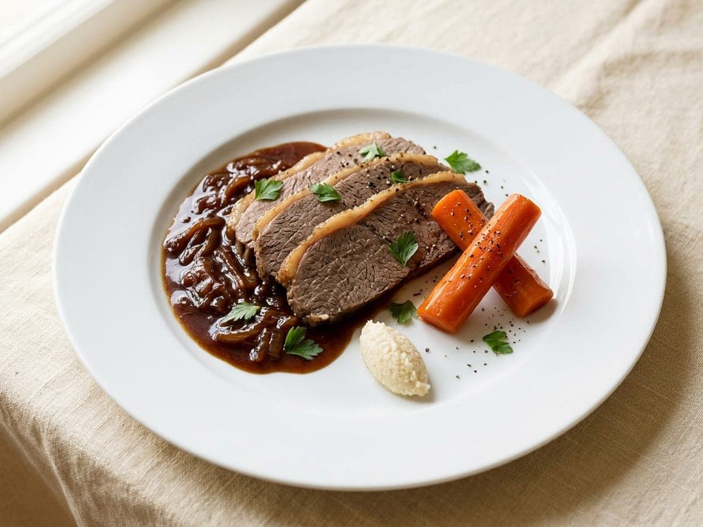 Brisket — Restaurant main: three shingled slices on a pool of onion sauce