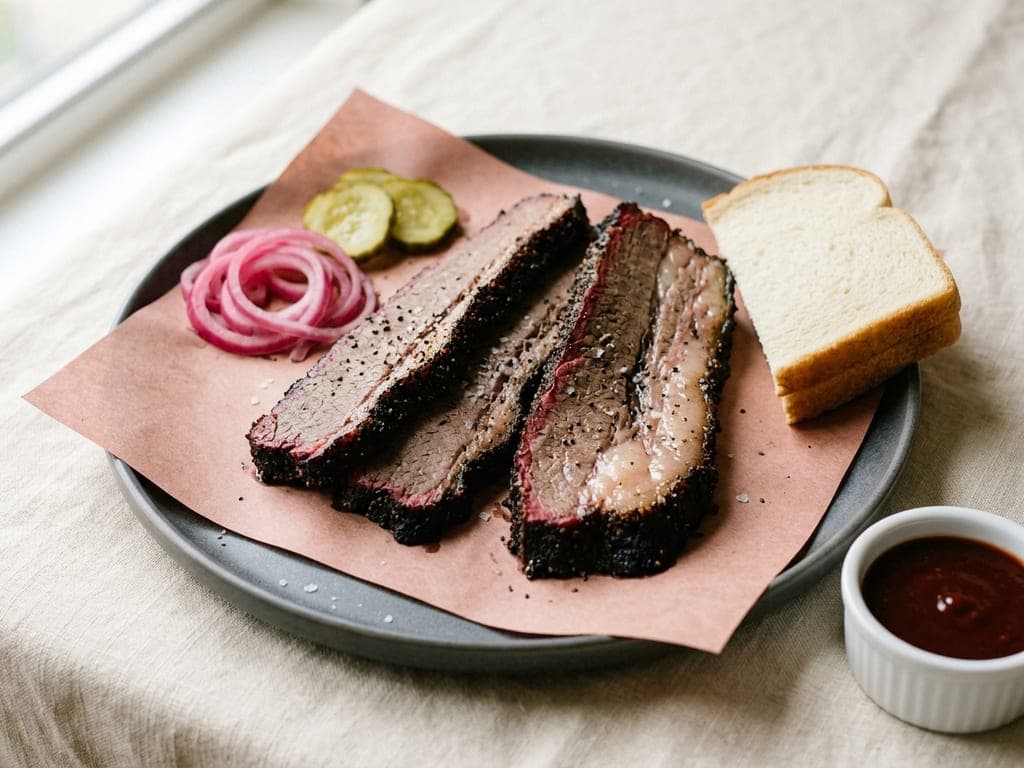 Brisket — Texas plate: bark, fat line, pickles on the side