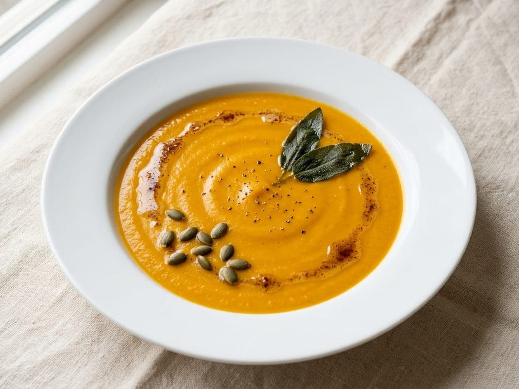 Butternut Squash Soup — The classic bowl: brown butter, fried sage, pepitas