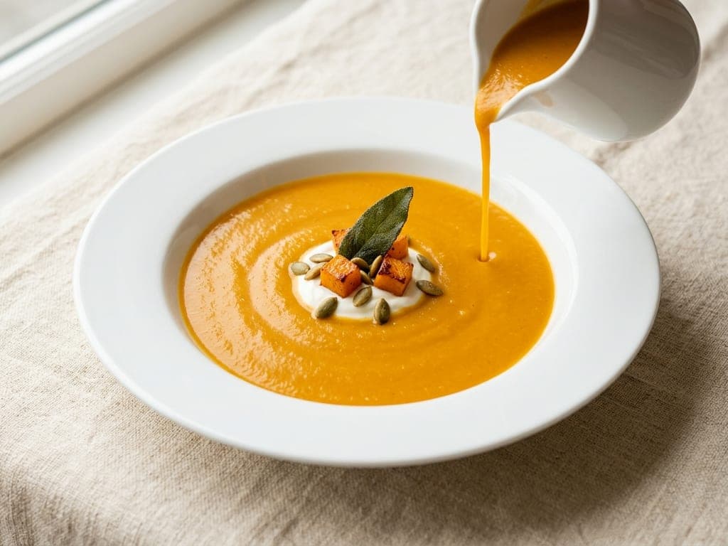 Butternut Squash Soup — The tableside pour over a garnish island