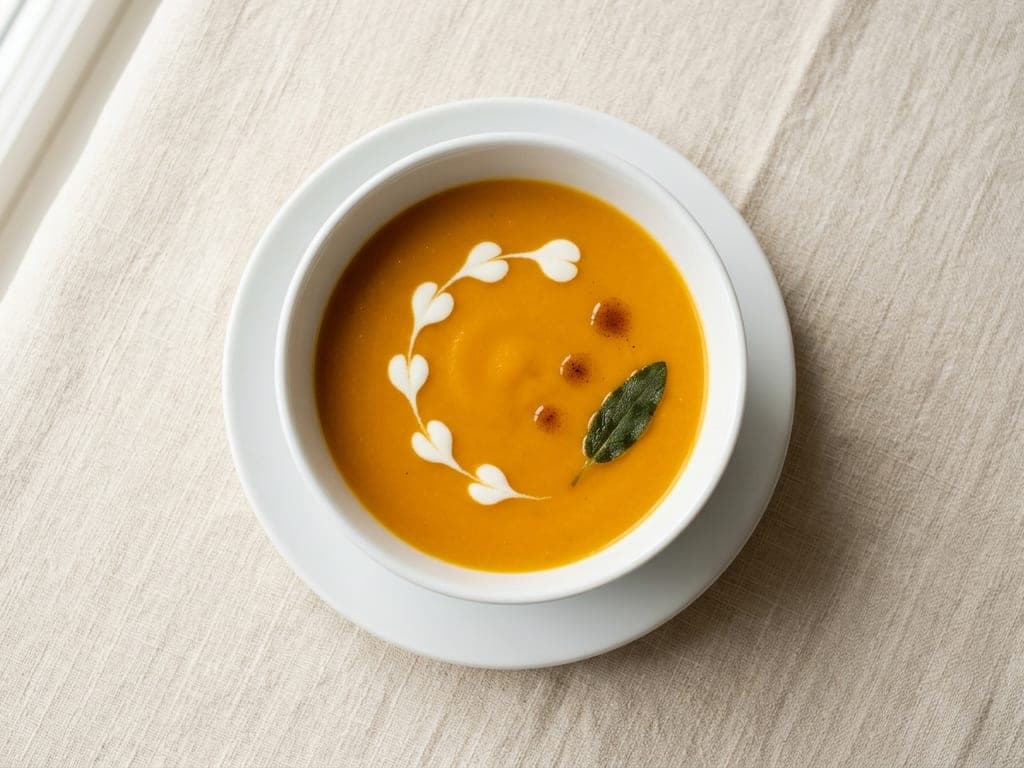 Butternut Squash Soup — The feathered crème fraîche swirl, as a first course