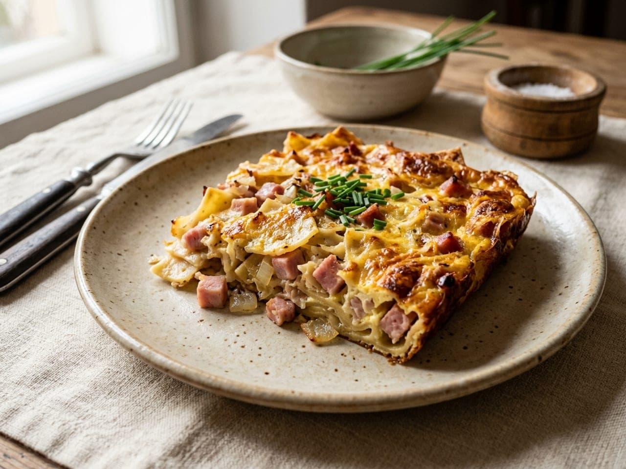 Šunkofleky (baked pasta squares with ham)