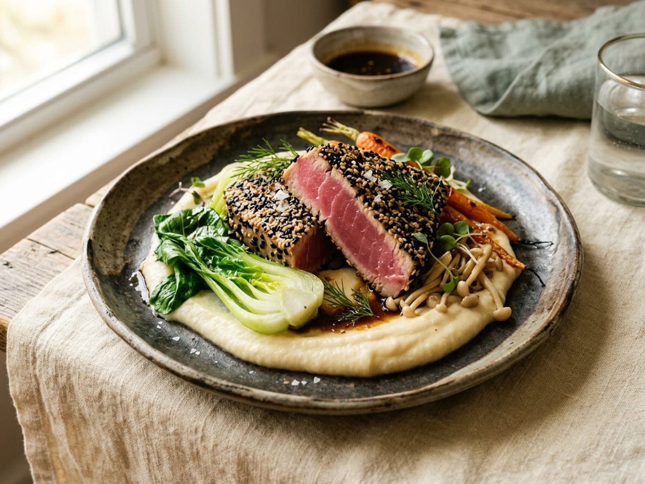 Sesame-crusted tuna steak with parsnip purée