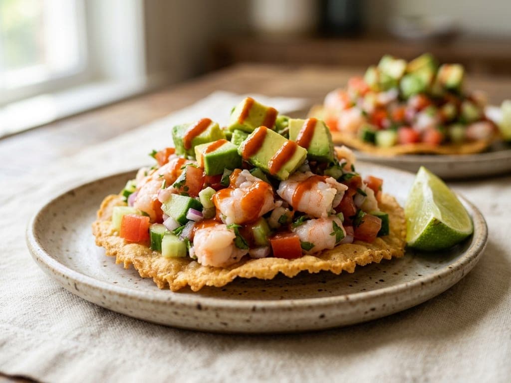 Shrimp ceviche — The tostada, built tall