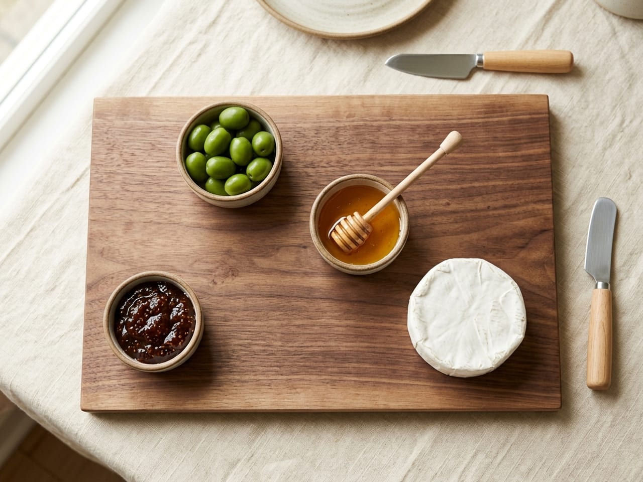 Overhead view of a bare walnut board with only the anchors placed: three small ramekins of olives, honey and fig jam and a whole brie wheel set off-center in a loose triangle, most of the wood empty