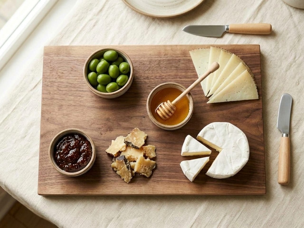 The same walnut board, overhead, with the anchors unchanged and two more cheeses added at the points of a triangle: fanned Manchego triangles at the right and rough shards of aged Gouda at the lower left, two wedges cut from the brie