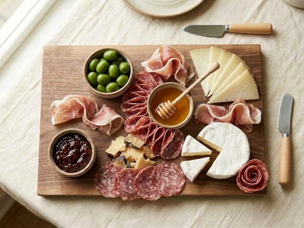 The same walnut board, overhead, with the cheeses unchanged and the cured meat added as connecting lines: a meandering river of folded salami curling around the honey ramekin from the Manchego down to the brie, prosciutto ribbons draped between the Manchego and the brie, between the olives and the Manchego, and between the olives and the fig jam, a fan of soppressata coins at the near edge below the Gouda, a salami rose beside the brie in the lower-right corner