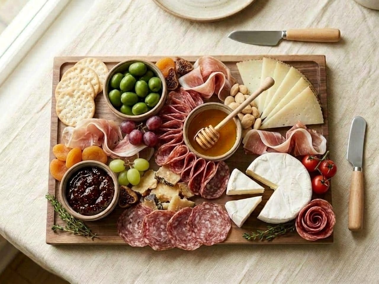 The same walnut board, overhead, finished: grape clusters, dried apricots and figs in the gaps, crackers fanned along the left edge, a scatter of Marcona almonds beside the honey, cherry tomatoes on the vine as a red accent, thyme sprigs, bare wood still showing and the rim wiped clean