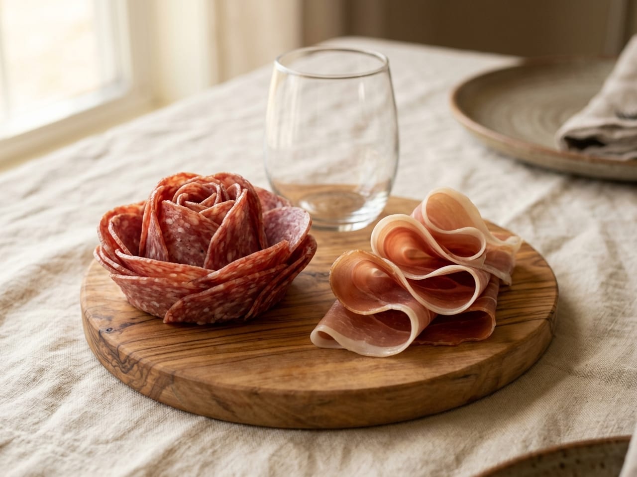 Close-up of a salami rose with layered petals folding inward next to three prosciutto ribbons draped in loose S-curves on a small olive-wood board, an empty stemless wine glass behind them