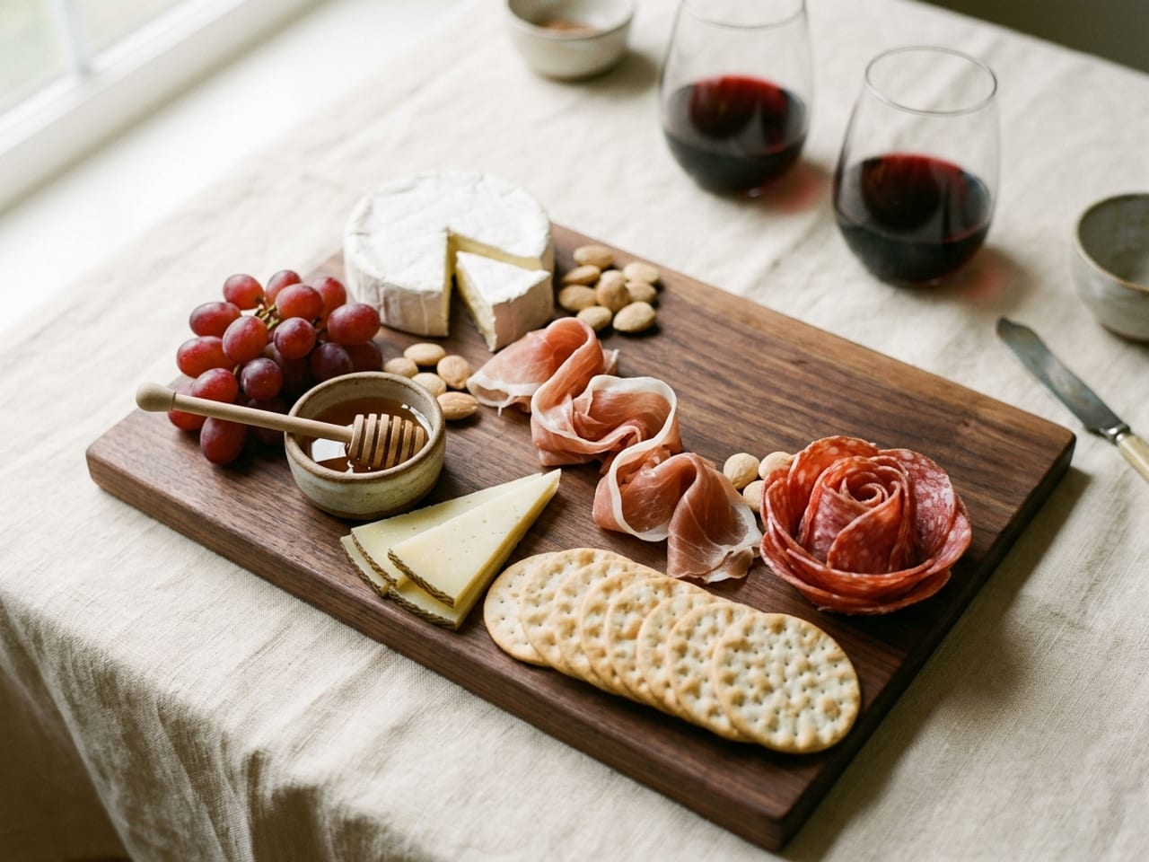 A small charcuterie board for two on a narrow walnut board at 45 degrees: a small brie wheel with a wedge cut out at one corner, two thin Manchego wedges at the near edge, a salami rose at the opposite corner, prosciutto ribbons running diagonally between them, a ramekin of honey, a small cluster of red grapes, a fan of eight crackers and a scatter of almonds, with bare wood on either side of the diagonal