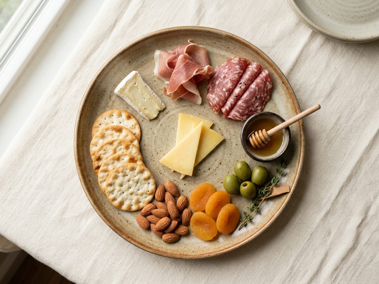 Overhead view of one person’s appetizer portion on a single ceramic plate: a small wedge of brie and three thin cheddar triangles, three prosciutto ribbons and three folded salami slices, six water crackers, a small handful of almonds, five dried apricot halves, four small green olives and a teaspoon of honey in a tiny ramekin