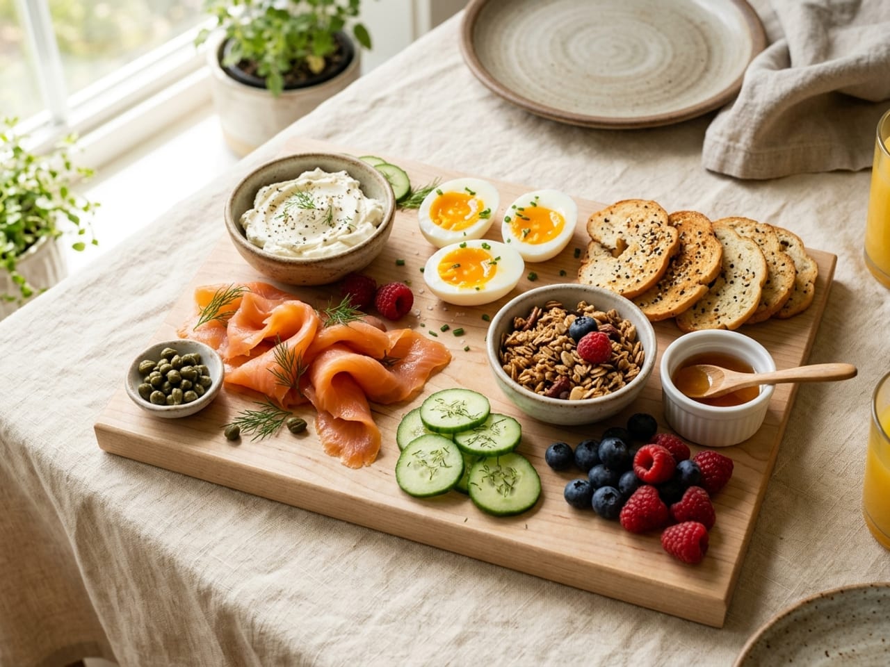 A breakfast board on a maple board: smoked salmon ribbons, a bowl of cream cheese, halved soft-boiled eggs with jammy yolks, fanned bagel chips, blueberries and raspberries, a ramekin of honey, a bowl of granola, cucumber rounds, capers in a tiny dish and dill sprigs