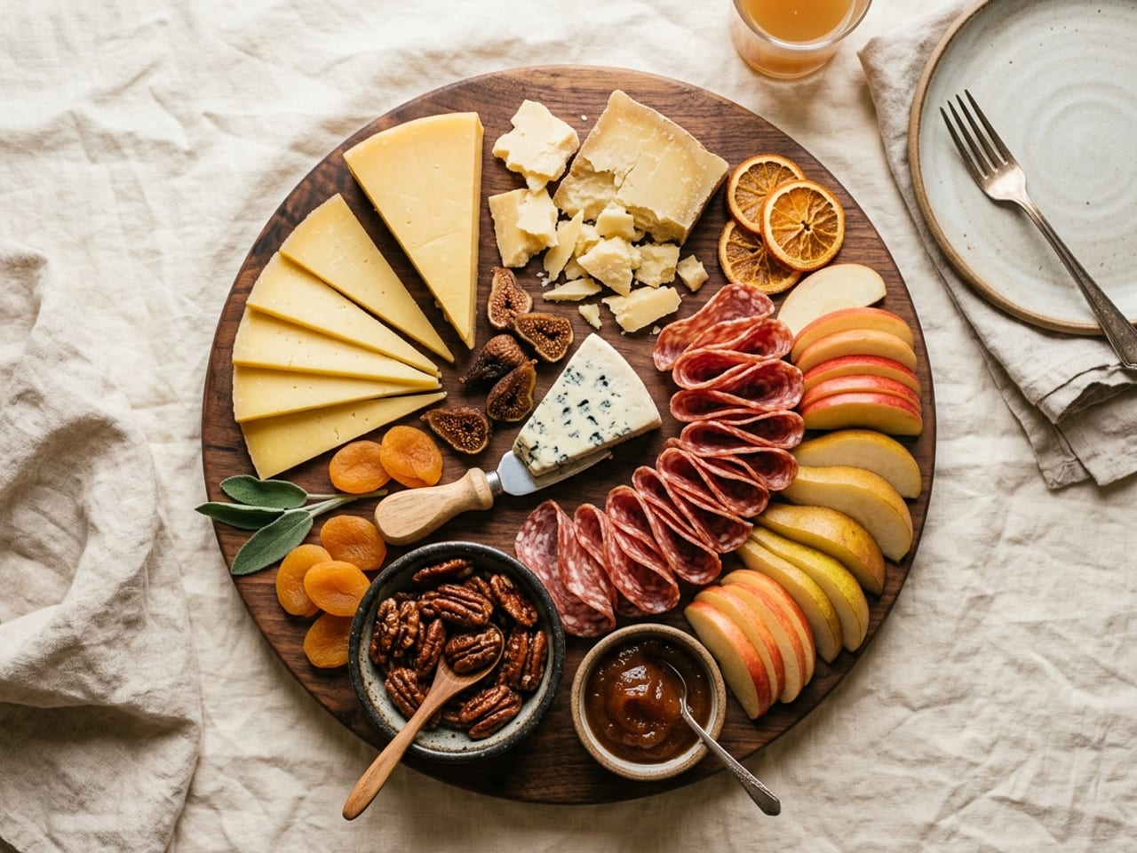 A fall harvest charcuterie board on a round walnut board: fanned aged cheddar, Comté shards, a small blue wedge with its own knife, a river of folded soppressata, fanned apple and pear slices, dried figs and apricots, candied pecans and apple butter in ramekins, dried orange slices and sage leaves, in ambers and rust