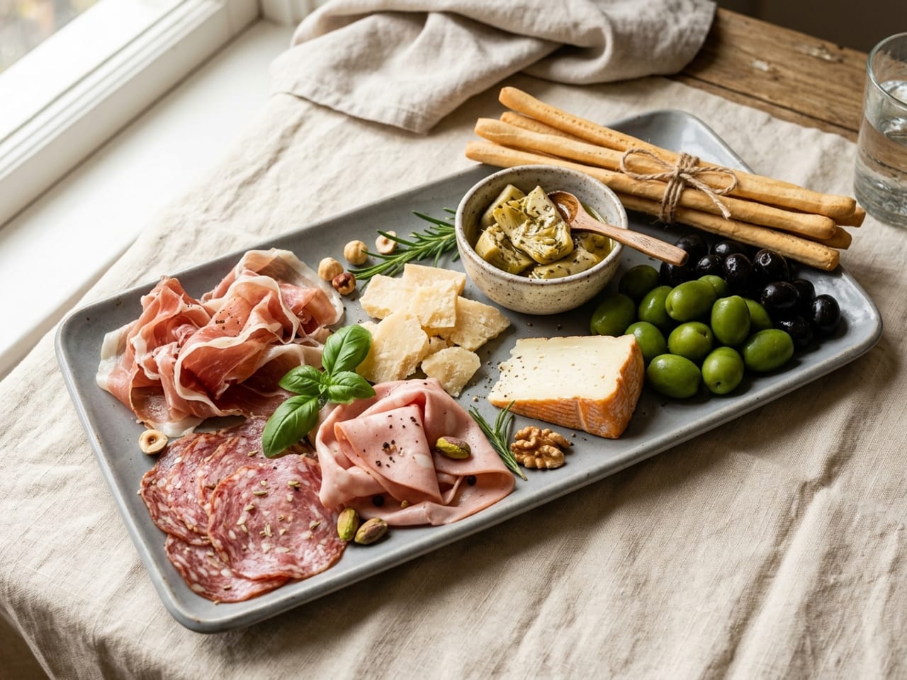 An Italian salumi board on a long grey ceramic platter: prosciutto di Parma ribbons, fanned finocchiona, folded mortadella, Parmigiano shards, a wedge of Taleggio, marinated artichokes in a bowl, bright green olives, a bundle of grissini and basil leaves