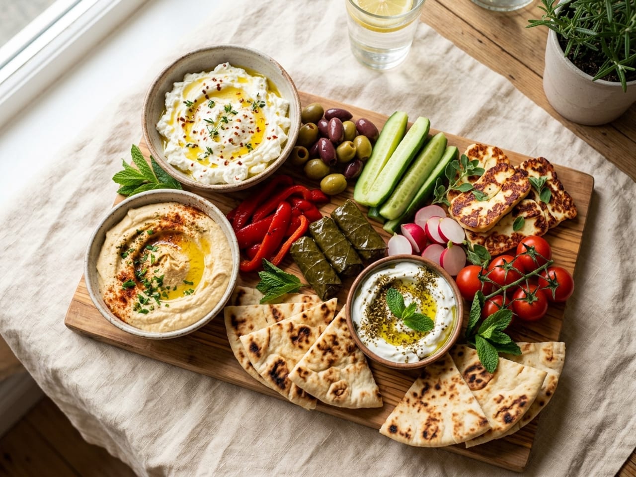 A vegetarian Mediterranean mezze board on an olive-wood board: bowls of whipped feta and hummus, seared halloumi slices, green and black olives, roasted red pepper strips, cucumber spears, stuffed grape leaves, cherry tomatoes, radishes, fanned pita wedges, labneh with za’atar and mint leaves