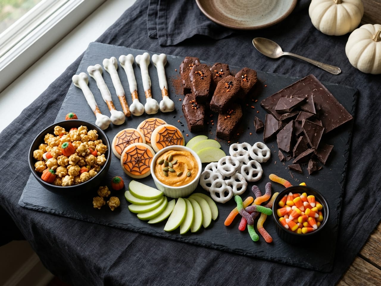 A Halloween candy and dessert board on black slate at 45 degrees: a row of white-chocolate-dipped pretzel-rod bones, dark chocolate shards, a bowl of caramel corn, brownies cut into coffin hexagons, sugar cookies, a bowl of pumpkin dip with fanned apple slices, yogurt pretzels, gummy worms, and candy corn kept in a small ramekin