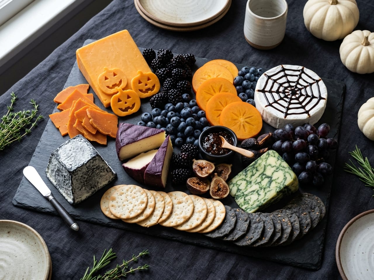 A meat-free Halloween cheese board on black slate at 45 degrees: orange cheddar cut into three small jack-o’-lanterns beside Mimolette shards, a brie with a piped balsamic web, a whole ash-coated Valençay pyramid with its own knife, Drunken Goat wedges, a wedge of green-marbled Sage Derby, a river of blackberries, fanned persimmon, black grapes, figs, fig jam and crackers