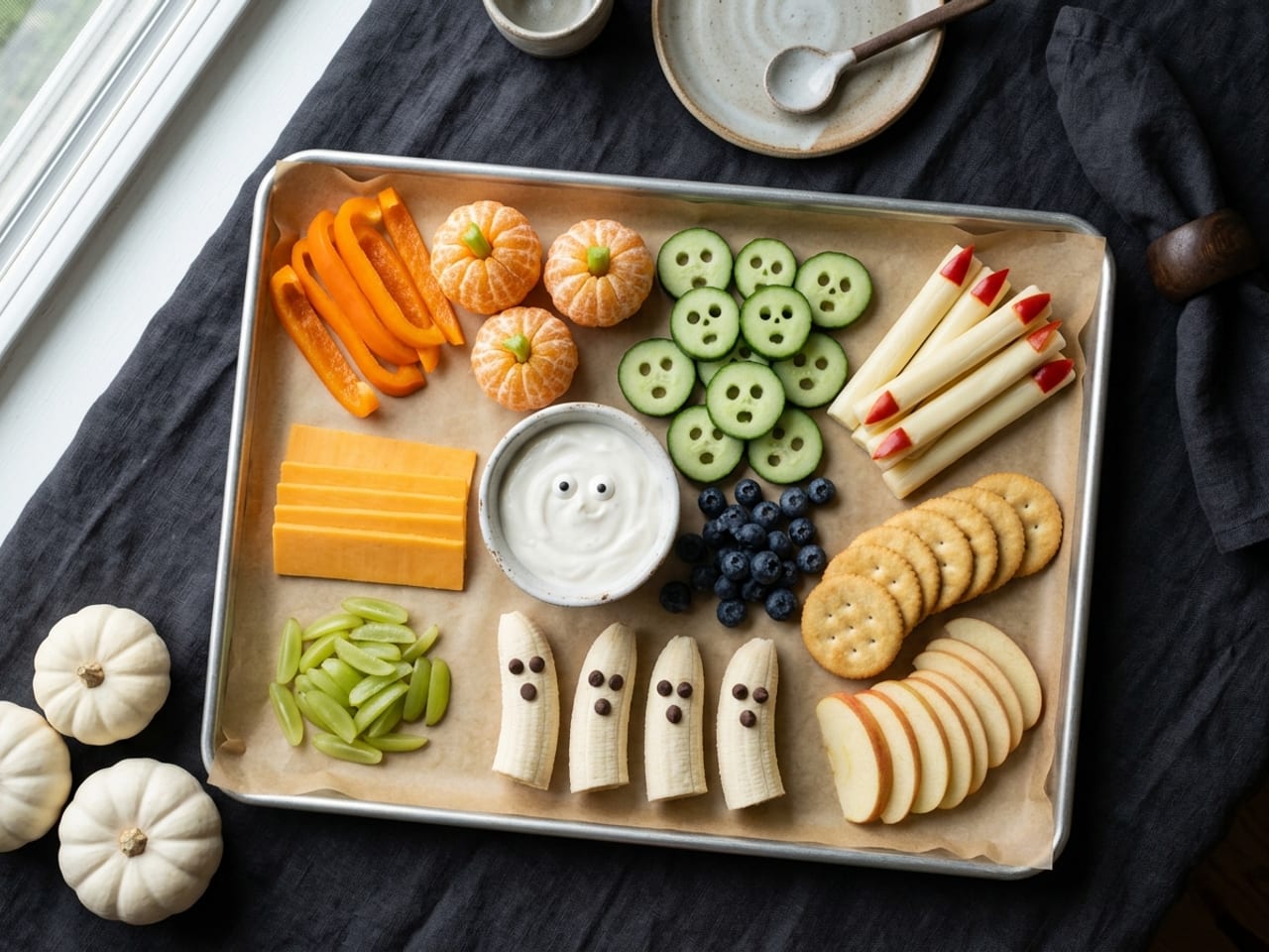 Overhead view of a children’s Halloween snack board on a parchment-lined sheet pan: cheddar in thin planks, grapes quartered lengthwise, clementine pumpkins with celery stems, cucumber rounds carved into small skulls, banana-half ghosts with chocolate-chip eyes, string-cheese fingers with a red-pepper nail, a bowl of yogurt dip with two candy eyes, orange pepper strips, blueberries, apple slices and plain crackers, everything cut small and flat