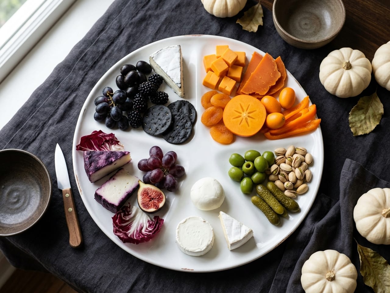 Overhead view of a large white platter with Halloween board ingredients sorted into five colour groups: black (canned olives, blackberries, black grapes, squid-ink crackers, an ash-lined goat cheese), orange (cheddar, Mimolette, apricots, persimmon, kumquats, orange pepper), purple (Drunken Goat wedges, grapes, fig, radicchio), white (mozzarella, goat log, brie) and green (Castelvetrano olives, pistachios, cornichons)