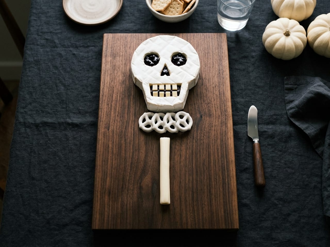 Overhead view of a bare long walnut board with only the skeleton’s axis placed: a brie wheel carved into a skull at the top with dark jam visible in the eye sockets and Manchego squares as teeth, four yogurt-coated pretzels in a row as the neck and a string cheese laid down the centre as the spine, most of the wood empty