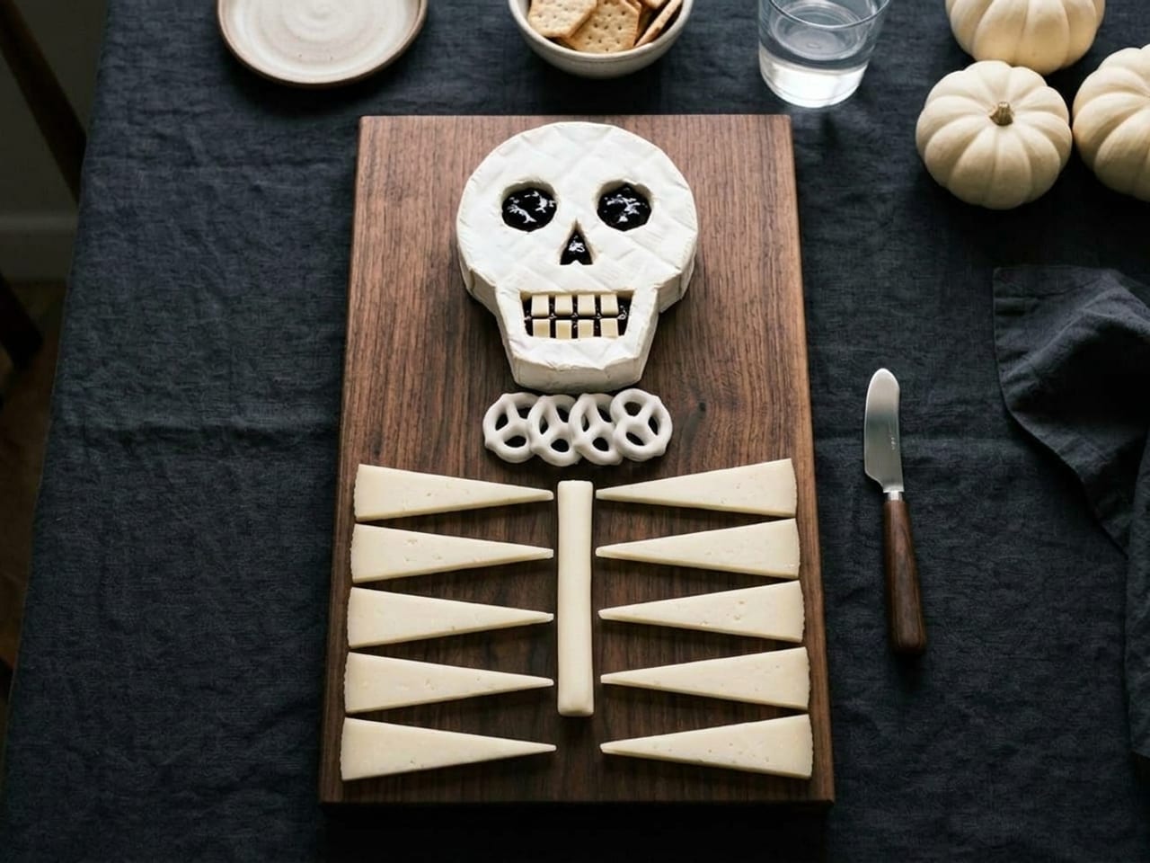 The same walnut board, overhead, with the brie skull, pretzel neck and string-cheese spine unchanged and thin Manchego triangles added as two rows of horizontal rungs either side of the spine, each point touching the spine, as a ribcage