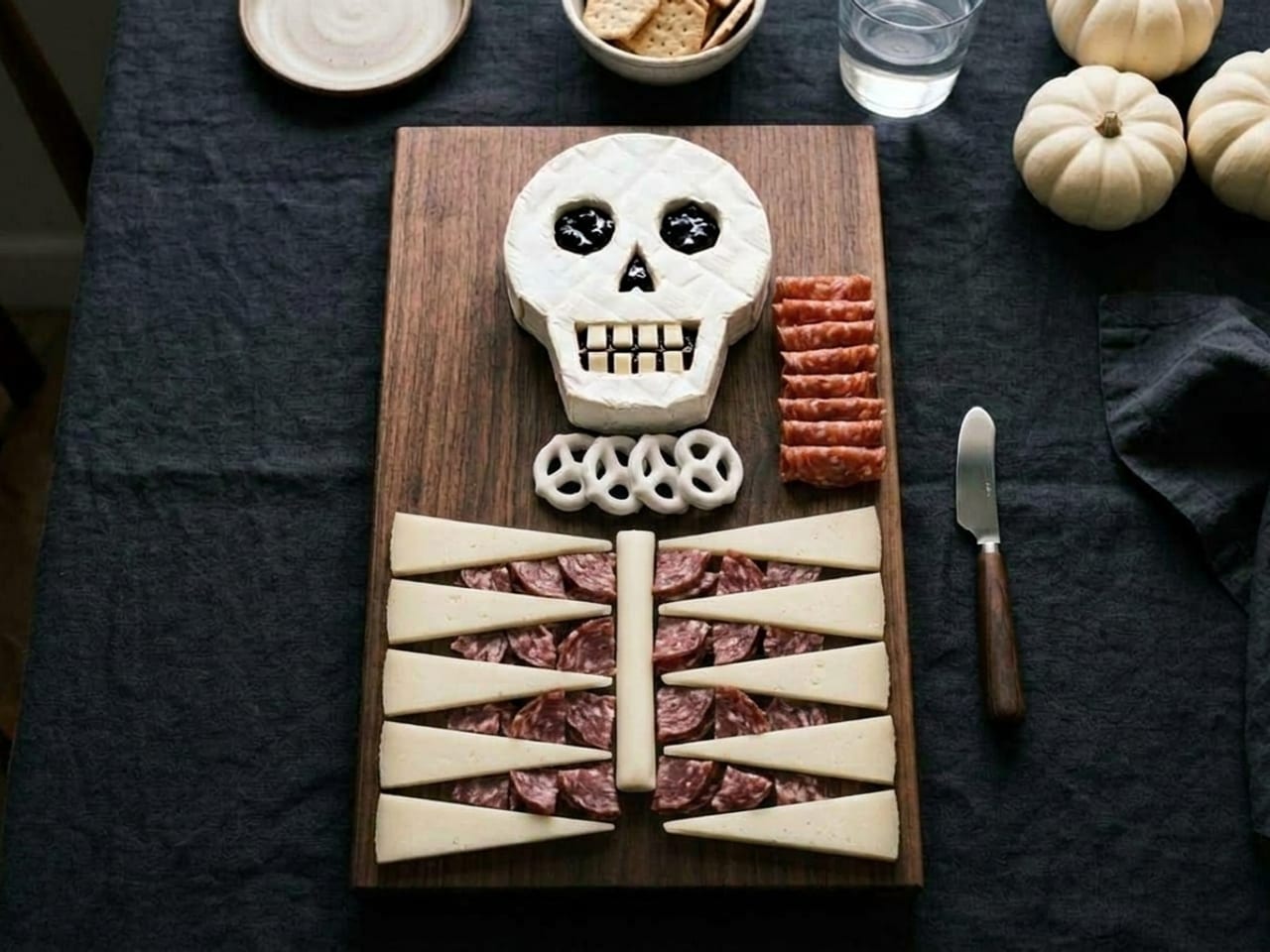 The same walnut board, overhead, skull, spine and ribs unchanged, with quarter-folded dark salami packed inside the ribcage as innards and a row of folded Calabrese salami beside the skull, set in from the board’s edge