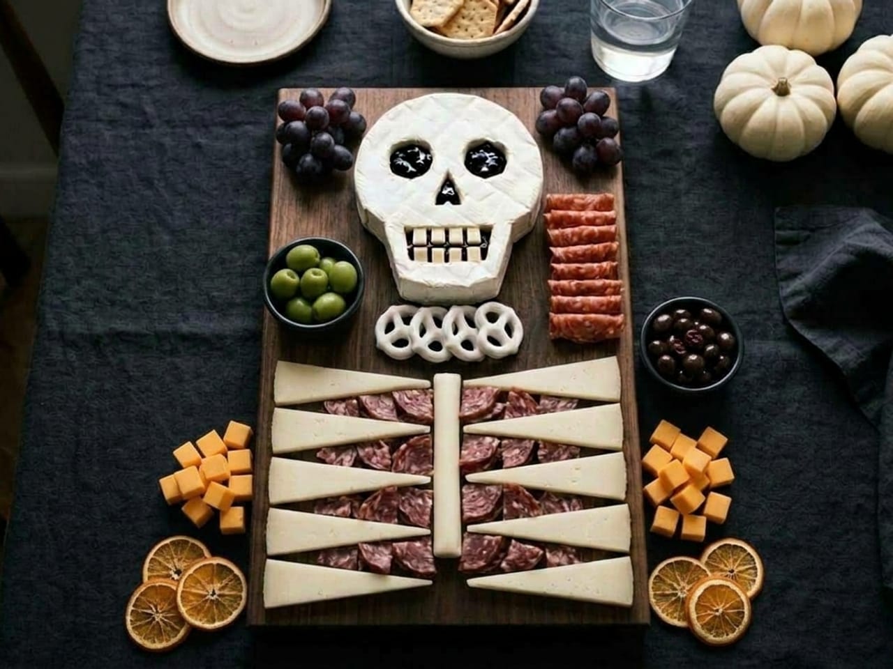 The same walnut board, overhead, finished: the skeleton untouched, a ramekin of green olives beside the skull, dark grape clusters in the two top corners of the board, and a ramekin of chocolate-covered cranberries, orange cheddar cubes and dried orange slices set on the dark cloth down both sides, a finger of bare wood kept around the bones