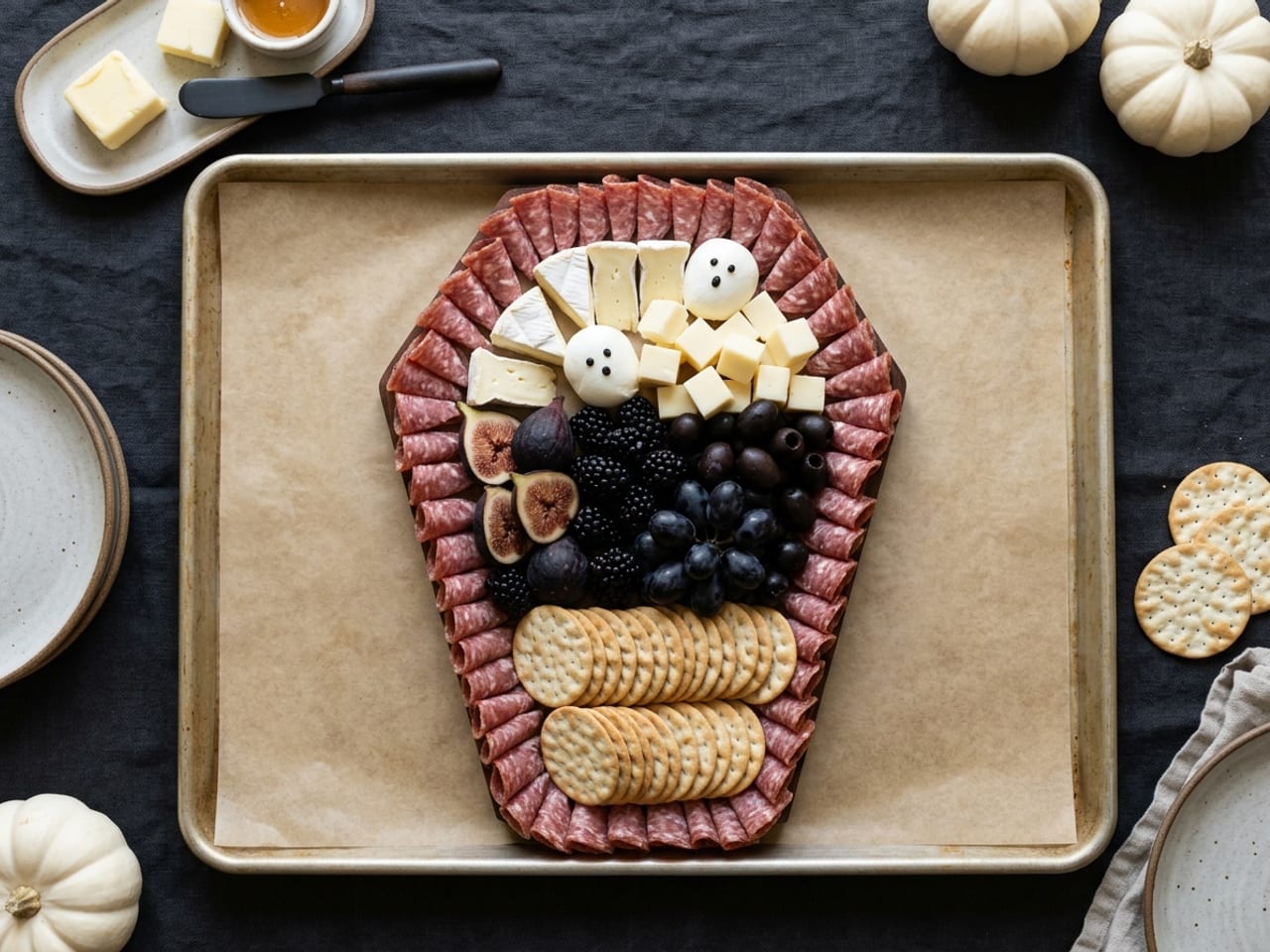 Overhead view of a coffin-shaped charcuterie layout on a parchment-lined sheet pan: an elongated hexagon outlined in a continuous border of quarter-folded salami, filled in three bands, pale cheeses and two mozzarella ghosts at the head, blackberries, black grapes, figs and black olives through the middle, and stacked crackers at the foot, with bare parchment outside the border