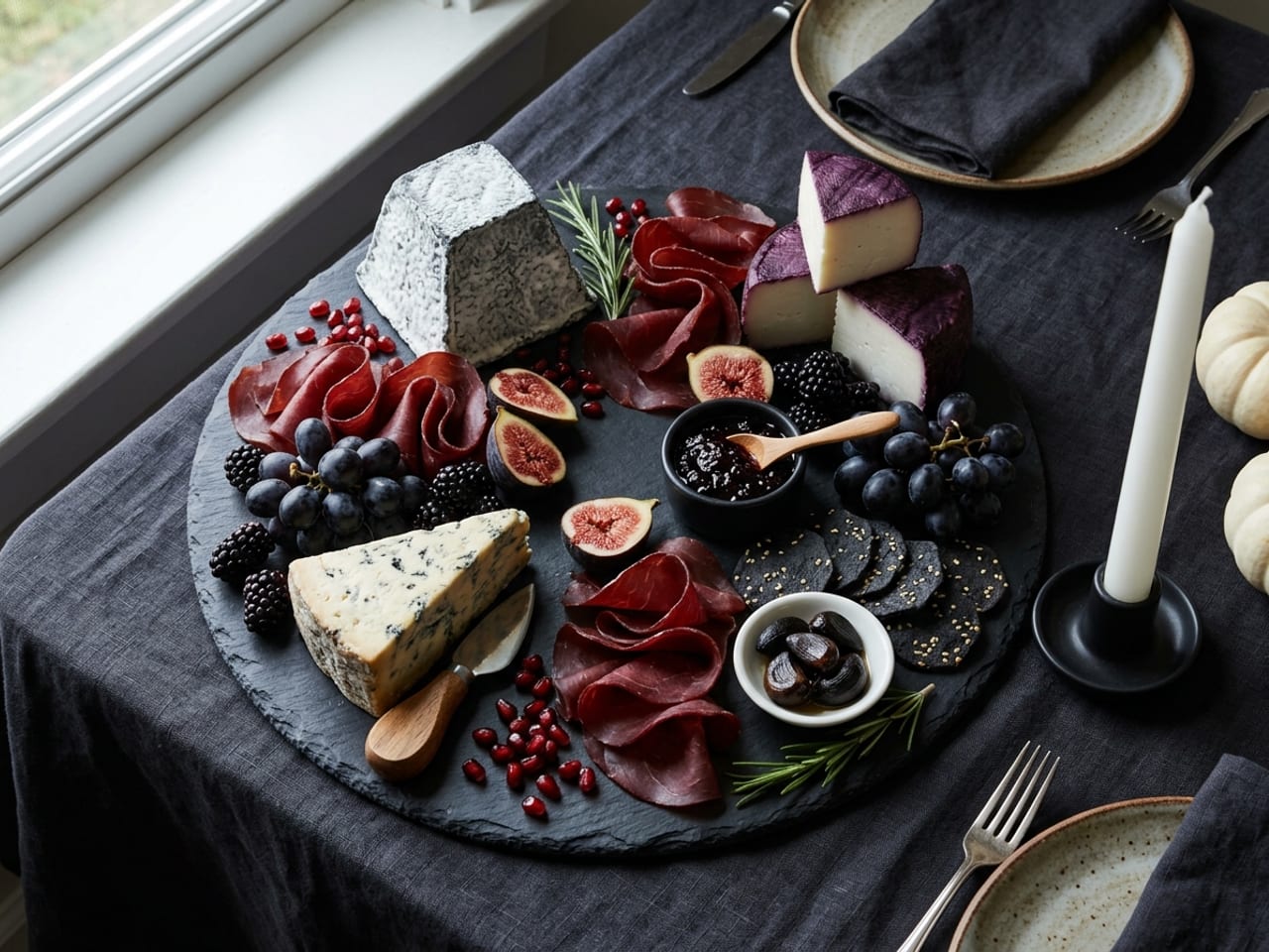 A gothic adults’ Halloween board on round black slate at 45 degrees: a whole ash-coated Valençay pyramid, Drunken Goat wedges with purple rinds, a Stilton wedge with its own knife, bresaola ribbons, black figs cut open, black grapes, blackberries, squid-ink crackers, black garlic cloves on a tiny white dish, blackberry jam, pomegranate arils, rosemary and an unlit white candle beside the board