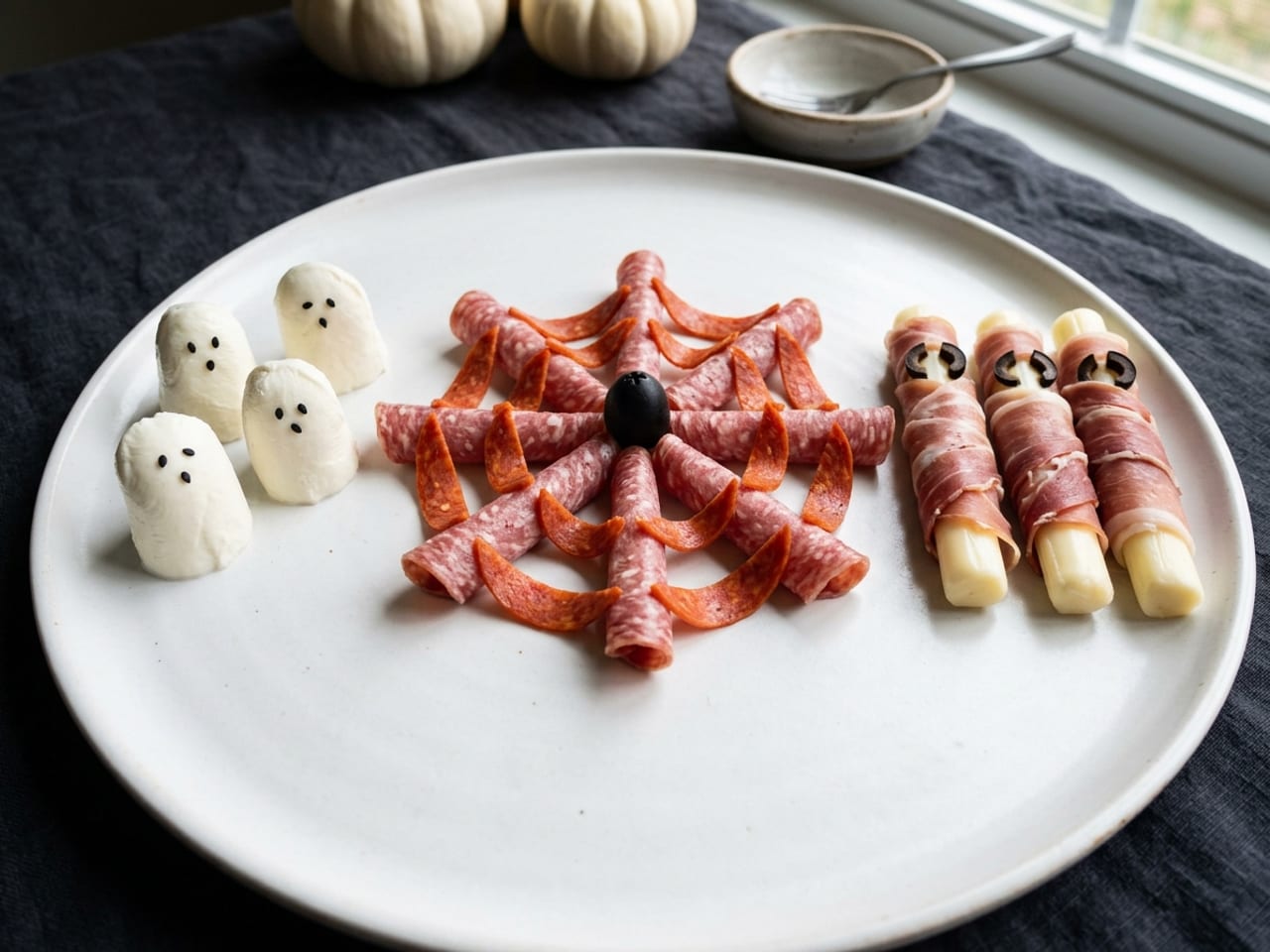 Close-up of three Halloween tricks on one white plate: four mozzarella ghosts with black sesame-seed eyes and a mouth, a section of salami spider web with a whole olive at its hub and pepperoni chords sagging between the spokes, and three prosciutto mummies wrapped round mozzarella sticks with olive-sliver eyes showing through a gap