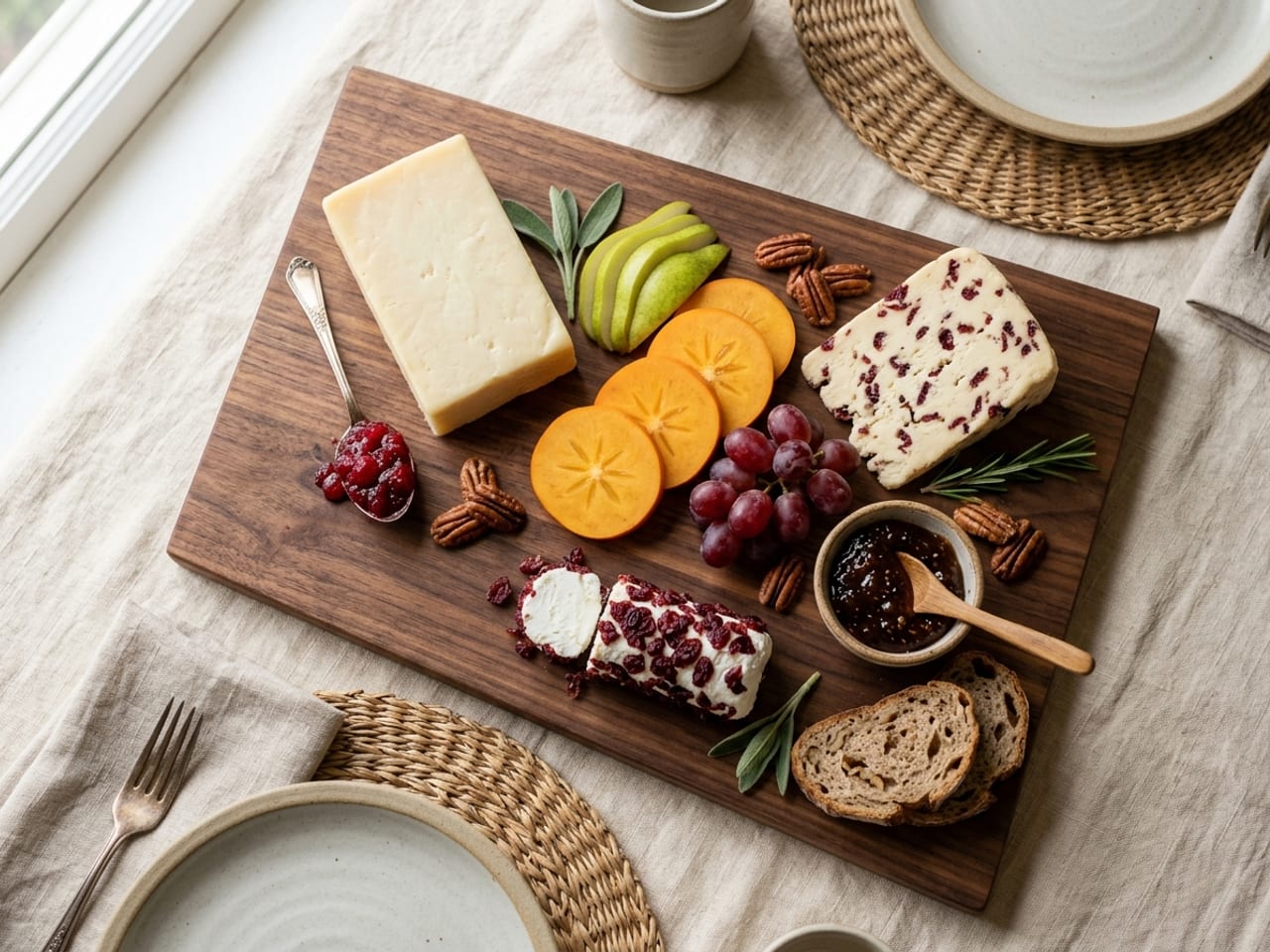 A meatless Thanksgiving cheese board at 45 degrees on a walnut board: aged cheddar with cranberry sauce, Wensleydale with cranberries, a small goat cheese rolled in dried cranberries, pear slices, persimmon rounds, grapes, pecans, fig jam and walnut bread