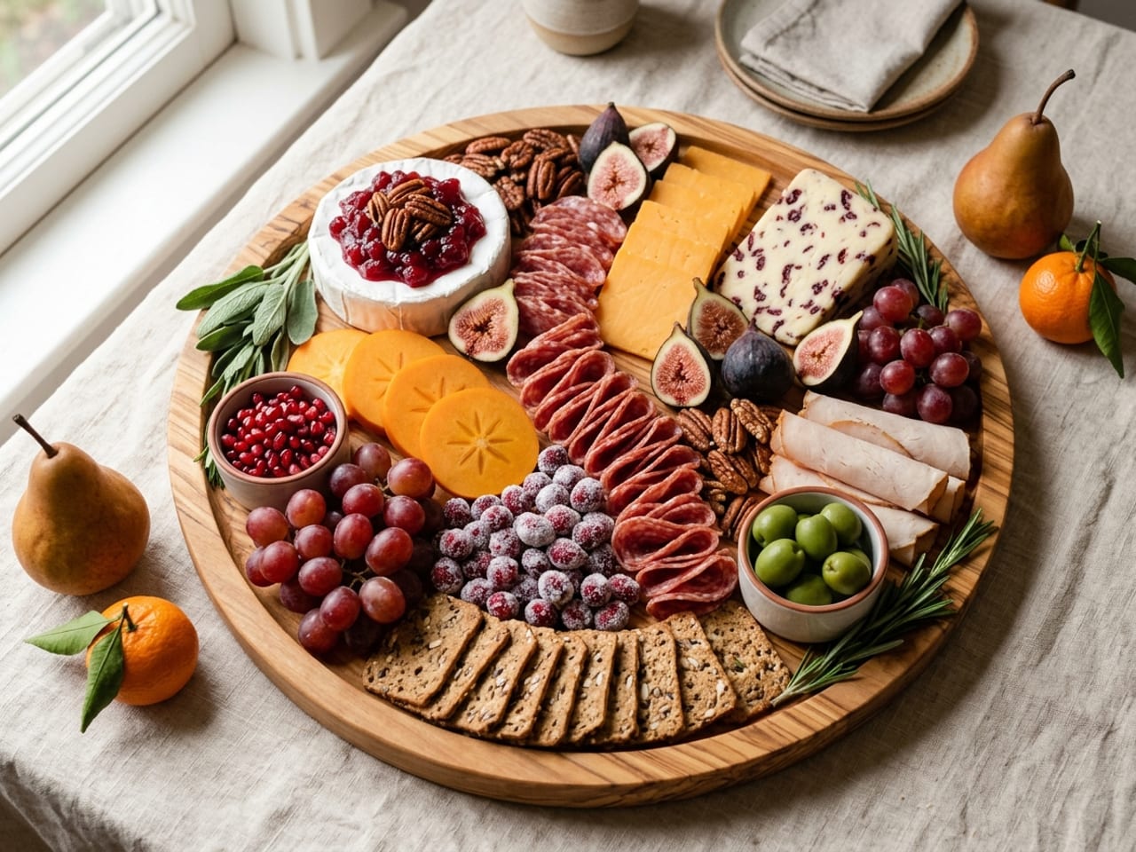 A Thanksgiving charcuterie board in cranberry, persimmon orange and pecan brown