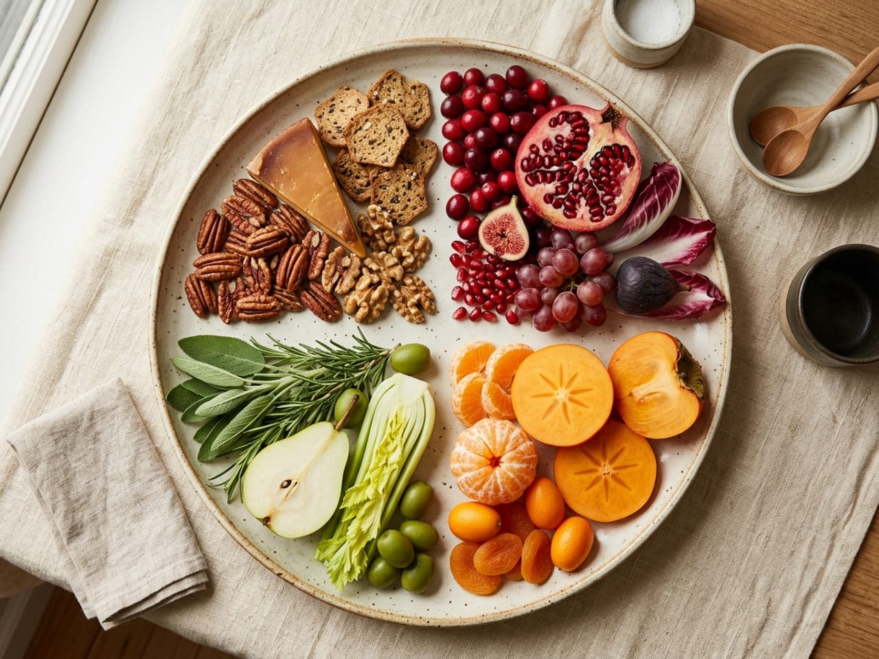 Overhead view of a round cream platter holding autumn produce grouped by colour in four wedges: cranberries, pomegranate, red grapes, fig and radicchio; persimmon, clementine, kumquats and dried apricots; pecans, walnuts, crackers and aged Gouda; sage, rosemary, a green pear, celery and green olives