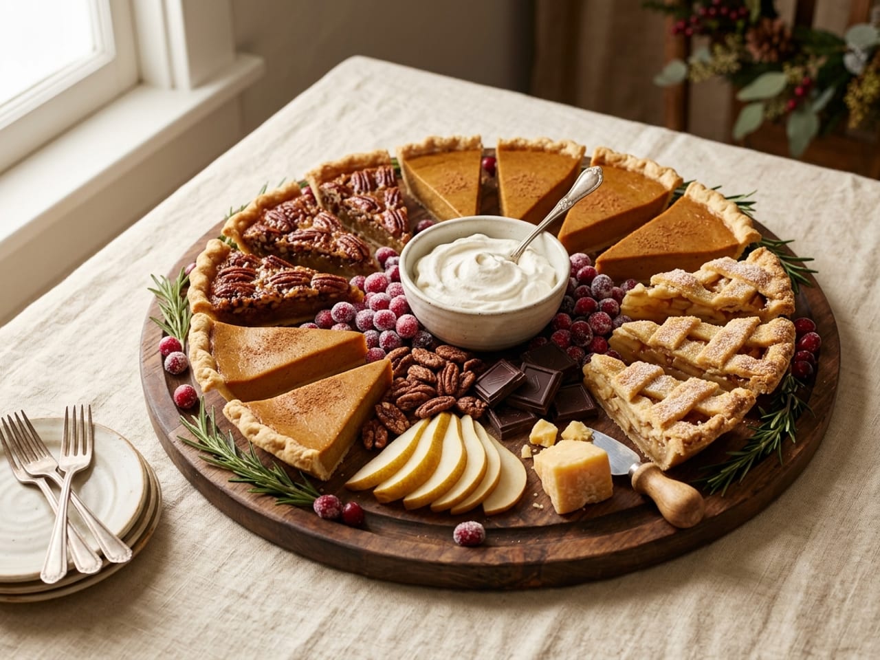A Thanksgiving dessert board at 45 degrees: wedges of pecan, pumpkin and lattice apple pie in a ring, a bowl of whipped cream, sugared cranberries, candied pecans, dark chocolate, pear slices and a wedge of aged cheddar