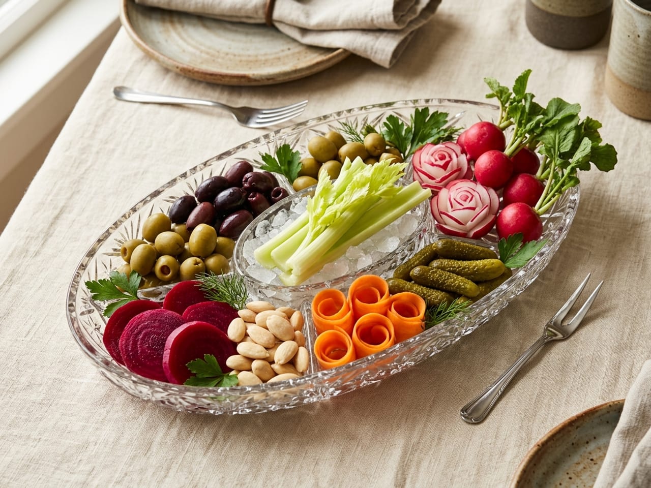 An oval, divided cut-glass relish dish at 45 degrees holding celery hearts on crushed ice at the centre, grouped black and green olives, cornichons, whole radishes and radish roses, carrot curls, salted almonds and pickled beet slices, with parsley between the groups
