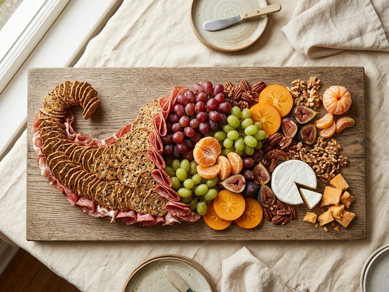 Overhead view of a long board with a cornucopia horn drawn in overlapping crackers, folded salami and prosciutto at the left, spilling grapes, clementines, figs, persimmon rounds, pecans, cheddar and a small brie across the board