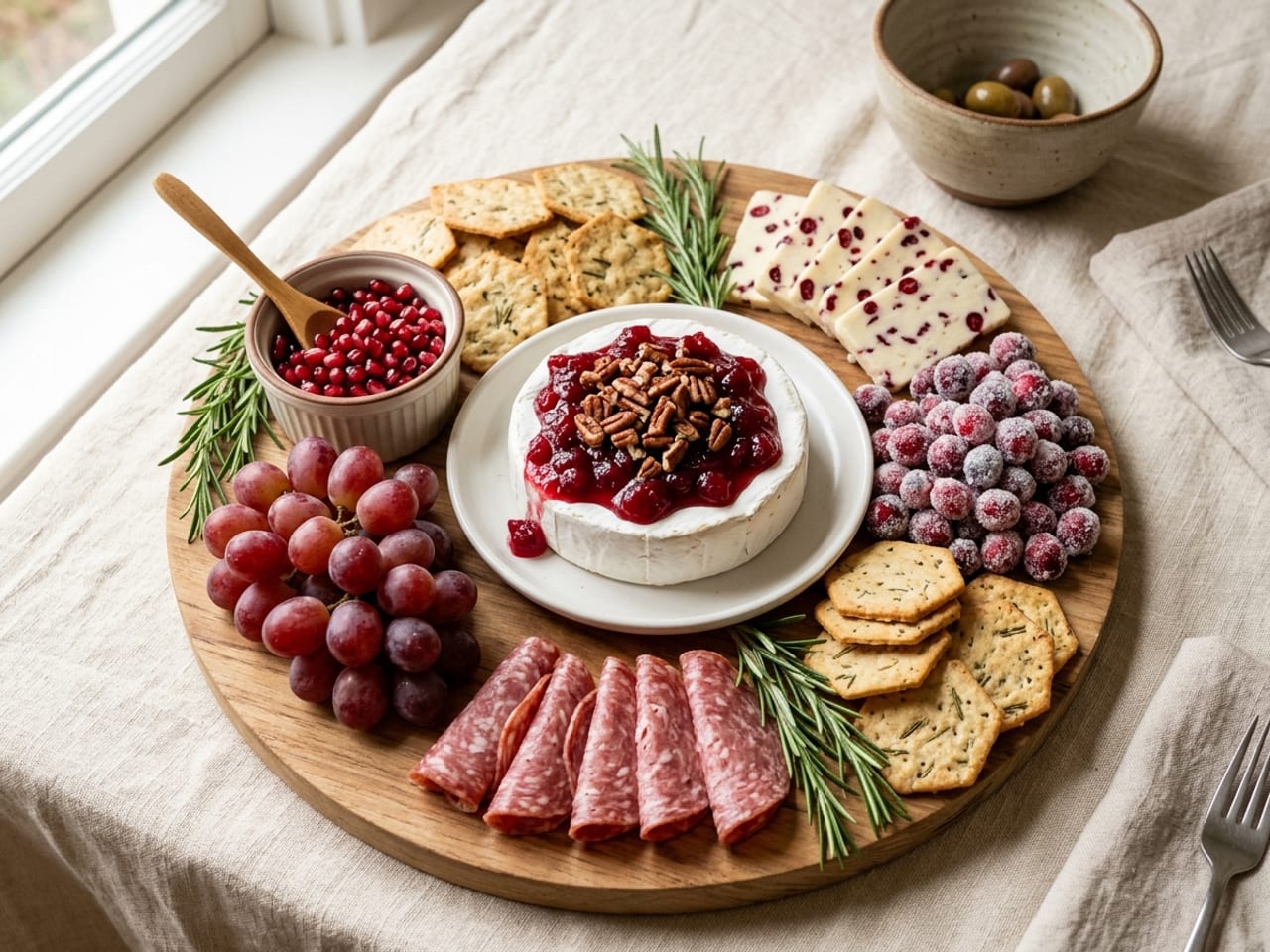 A red Thanksgiving board at 45 degrees: a whole brie topped with cranberry sauce and pecans, Wensleydale with cranberries, sugared cranberries, pomegranate arils, red grapes, folded salami and rosemary crackers