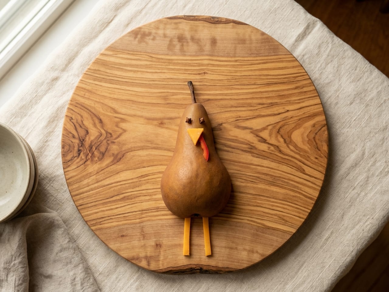 Overhead view of a bare round olive-wood board with only a pear half placed cut side down a third of the way up, its neck pointing up, with two clove eyes, a small cheddar triangle beak, a thin red pepper wattle and two cheddar strip legs