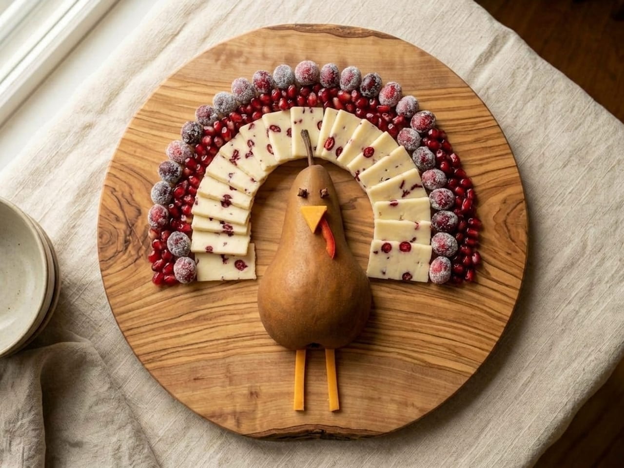 The same round board overhead with the pear turkey unchanged and two narrow half-circle bands added above it: thin slabs of Wensleydale with cranberries hugging the body, then a narrow arc of sugared cranberries and pomegranate