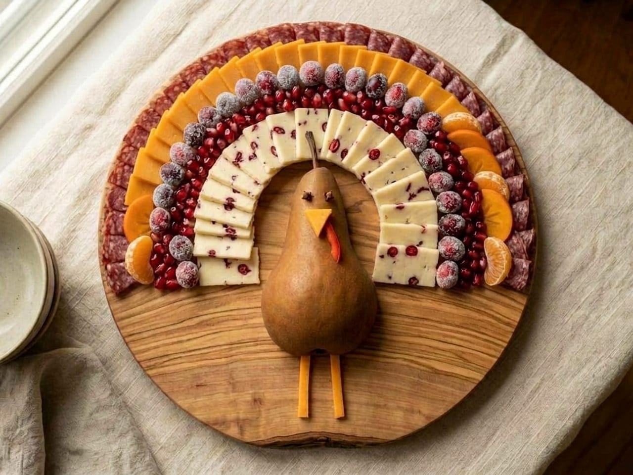 The same board with three more narrow half-circle bands added outside the first two: shingled aged cheddar, then Fuyu persimmon rounds alternating with clementine segments, then folded salami