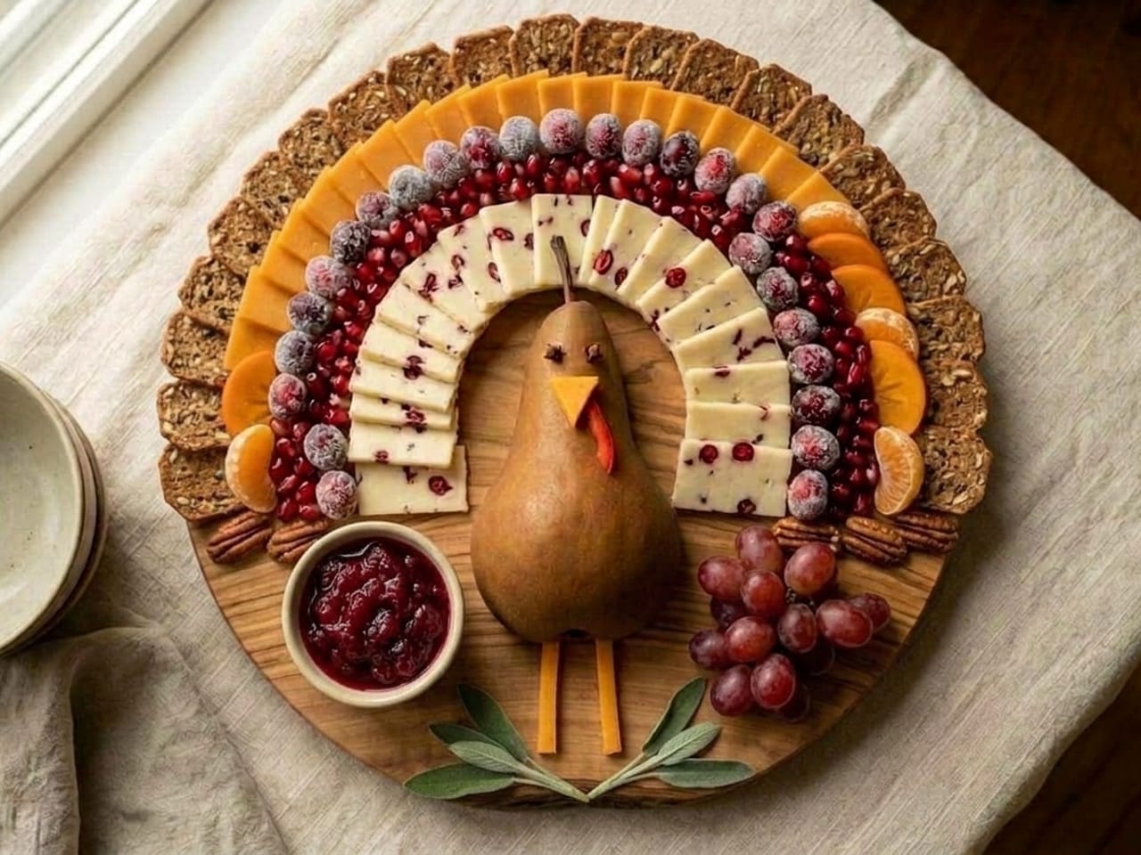 Overhead view of the finished turkey-shaped board: the pear body with clove eyes, cheddar beak and red pepper wattle, fanned bands of cranberry Wensleydale, sugared cranberries with pomegranate arils, aged cheddar, and persimmon with clementine, ringed by an outer arc of flat rectangular seeded crackers, with pecans at the ends of the fan, a ramekin of cranberry sauce and a cluster of red grapes by the feet, and two sage sprigs at the bottom