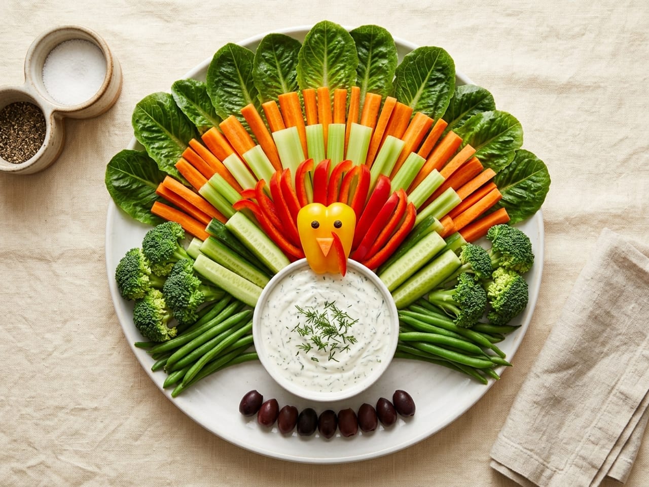 Overhead view of a turkey veggie tray on a round white platter: a bowl of white dip as the body, a yellow bell pepper base as the head with peppercorn eyes, and radial rows of romaine, carrot, celery, red pepper and cucumber fanning out as tail feathers, with blanched broccoli and green beans at the sides and a row of black olives below the bowl