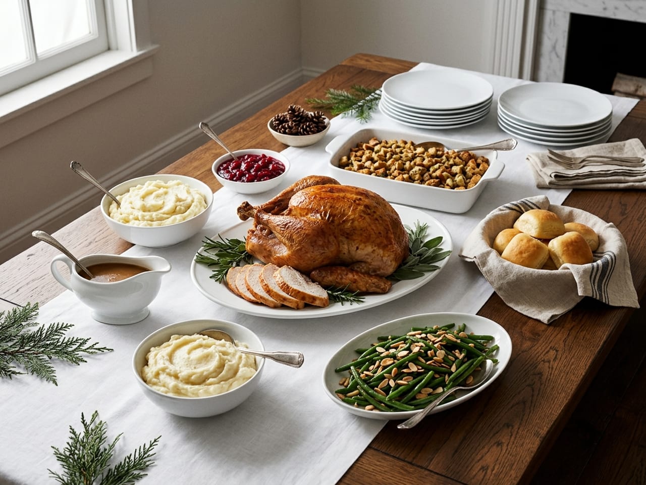 A Christmas dinner on a wooden table with a white runner: a partly carved roast turkey on a platter, a gravy boat, two bowls of mashed potatoes, a dish of stuffing, cranberry sauce, green beans with almonds, a basket of rolls and two stacks of plates