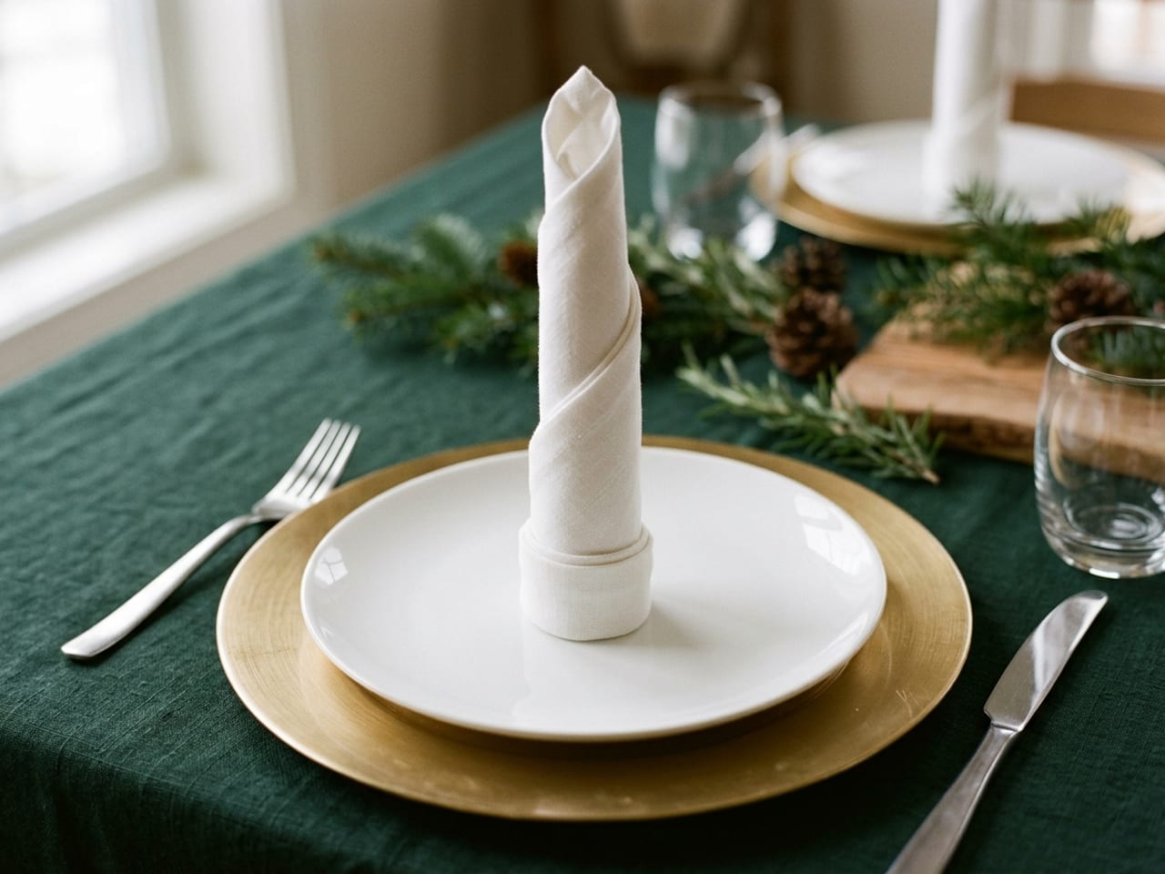 A white cloth napkin rolled into a tall, slim spiral that stands on a cuffed base and narrows to a soft point at the top, like a taper candle, in the center of a white dinner plate on a brushed-brass charger