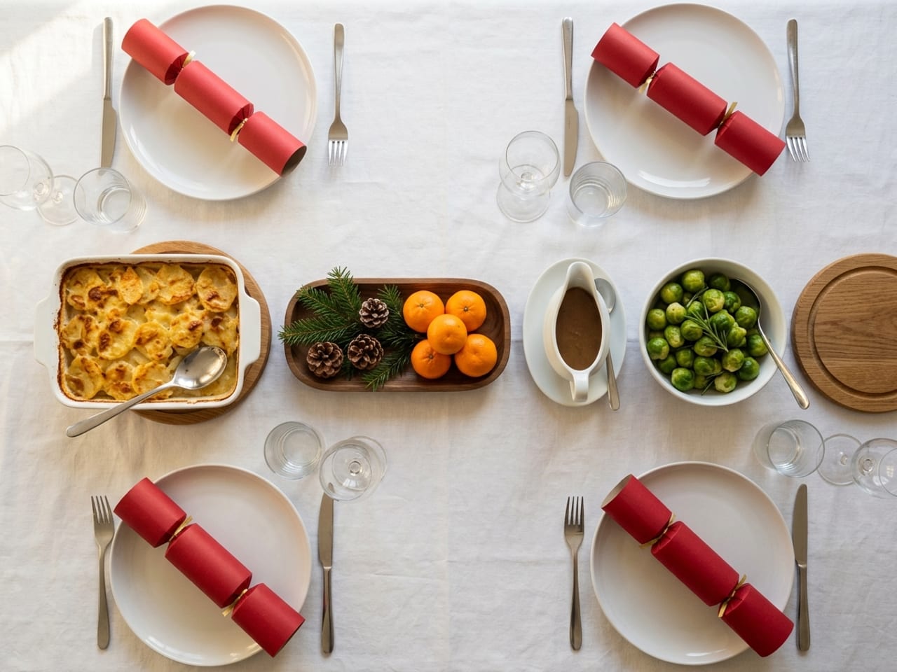 The middle of a set Christmas table from directly above: between two rows of white plates, a clear strip holding a baking dish of scalloped potatoes on a trivet, a gravy boat on a saucer and a bowl of sprouts, with one narrow wooden tray of fir sprigs, pine cones and clementines set between the dishes