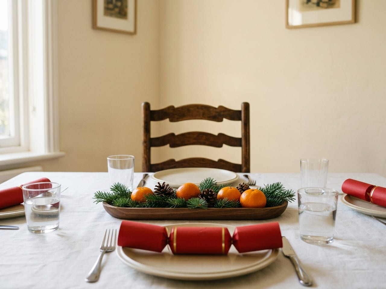View across a set Christmas table from a seated diner’s eye level: a low wooden tray of fir sprigs, pine cones and clementines in the middle, well below the line of sight to the empty chair opposite