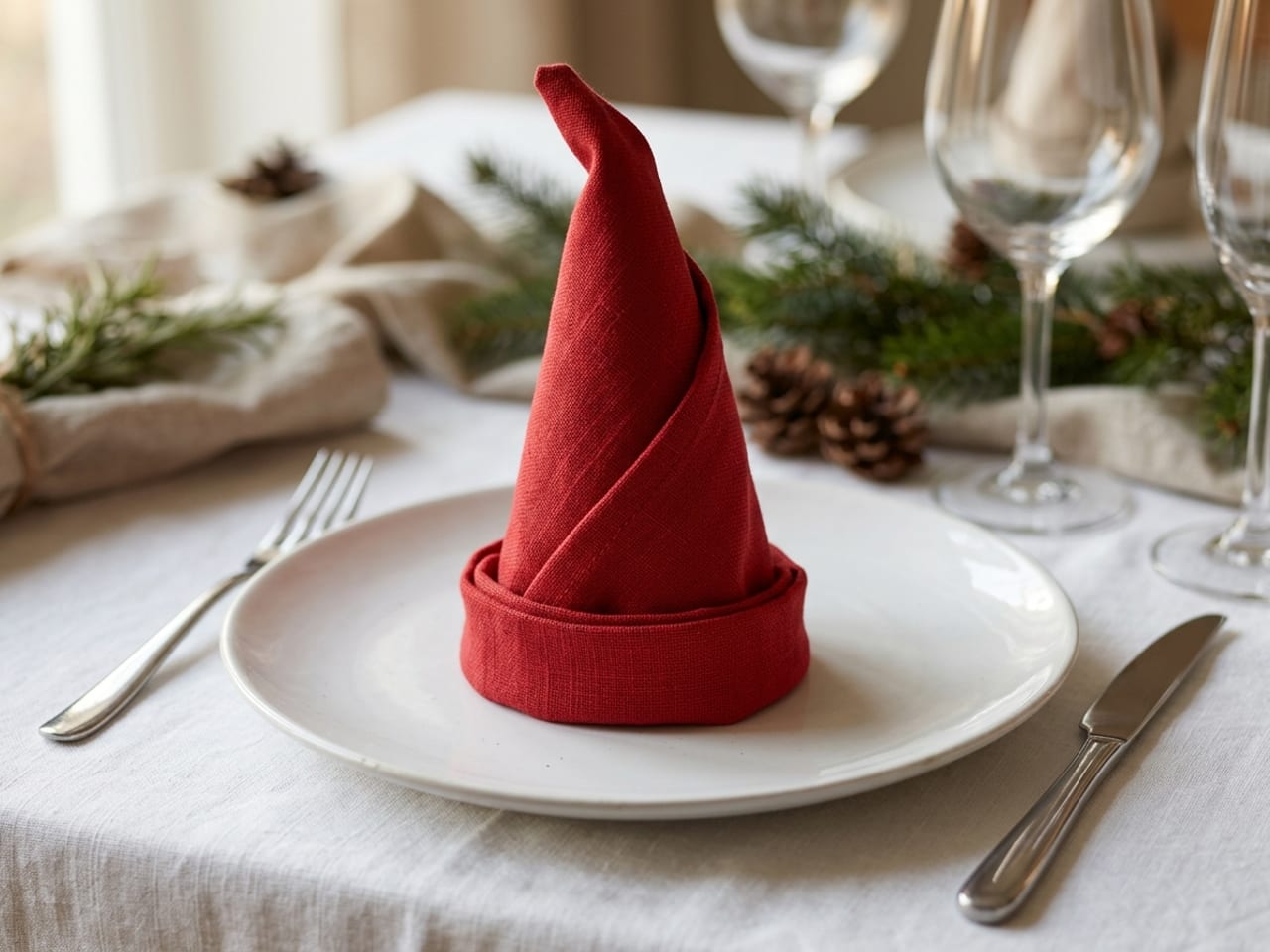 A red cloth napkin rolled into a standing cone with a turned-up brim, like an elf’s hat, in the center of a white dinner plate, with a fork to the left and a knife to the right